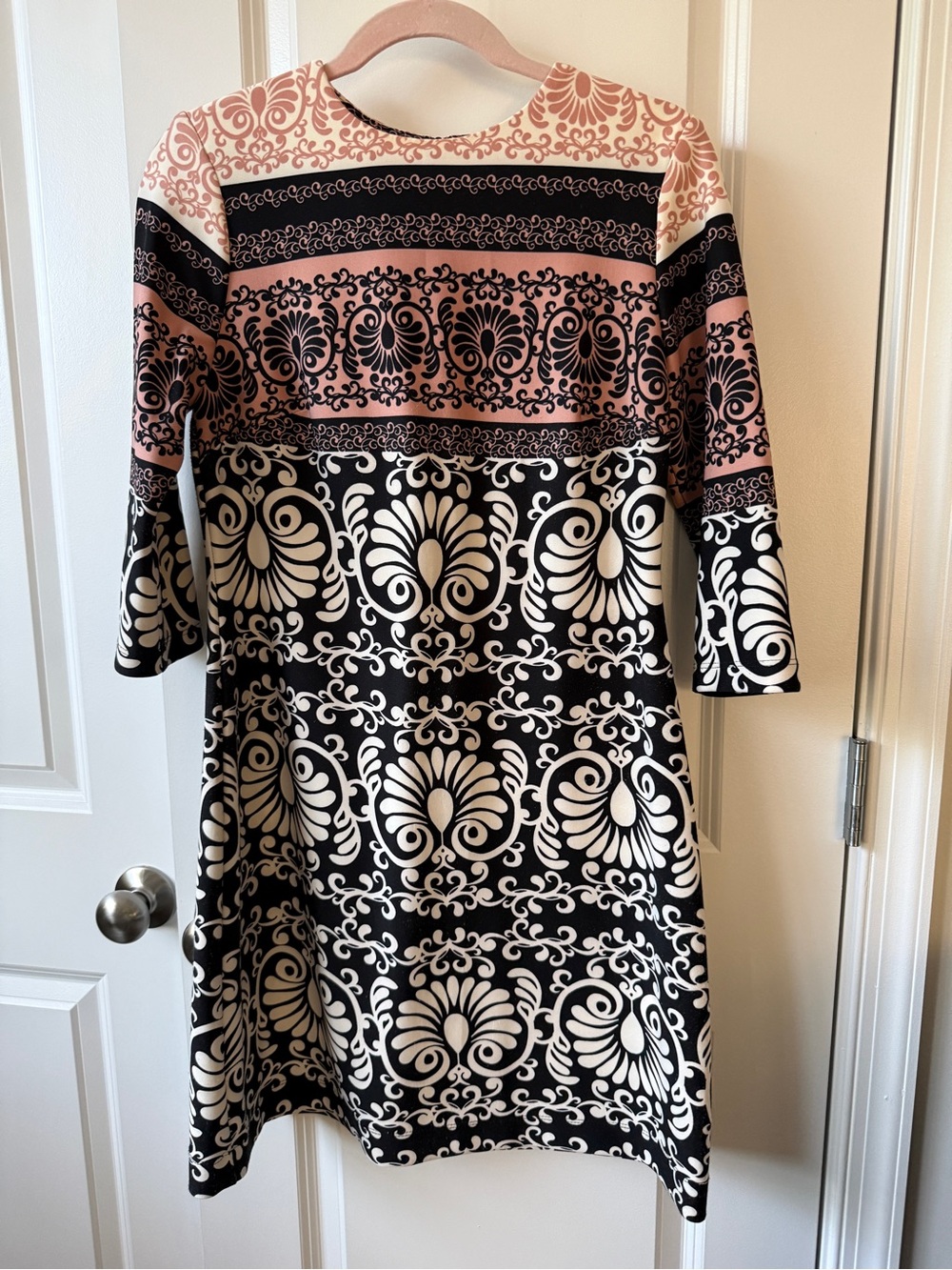 Taylor Black, Blush and Cream Printed Long-Sleeve A-Line Dress